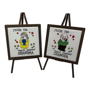 Vintage "World's Greatest Grandpa & Grandma" Ceramic Tile Plaques on Wood Easels